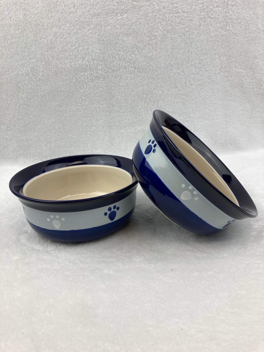 Cobalt Blue & Tan Paw Prints Pet Bowls Set of 2 6”